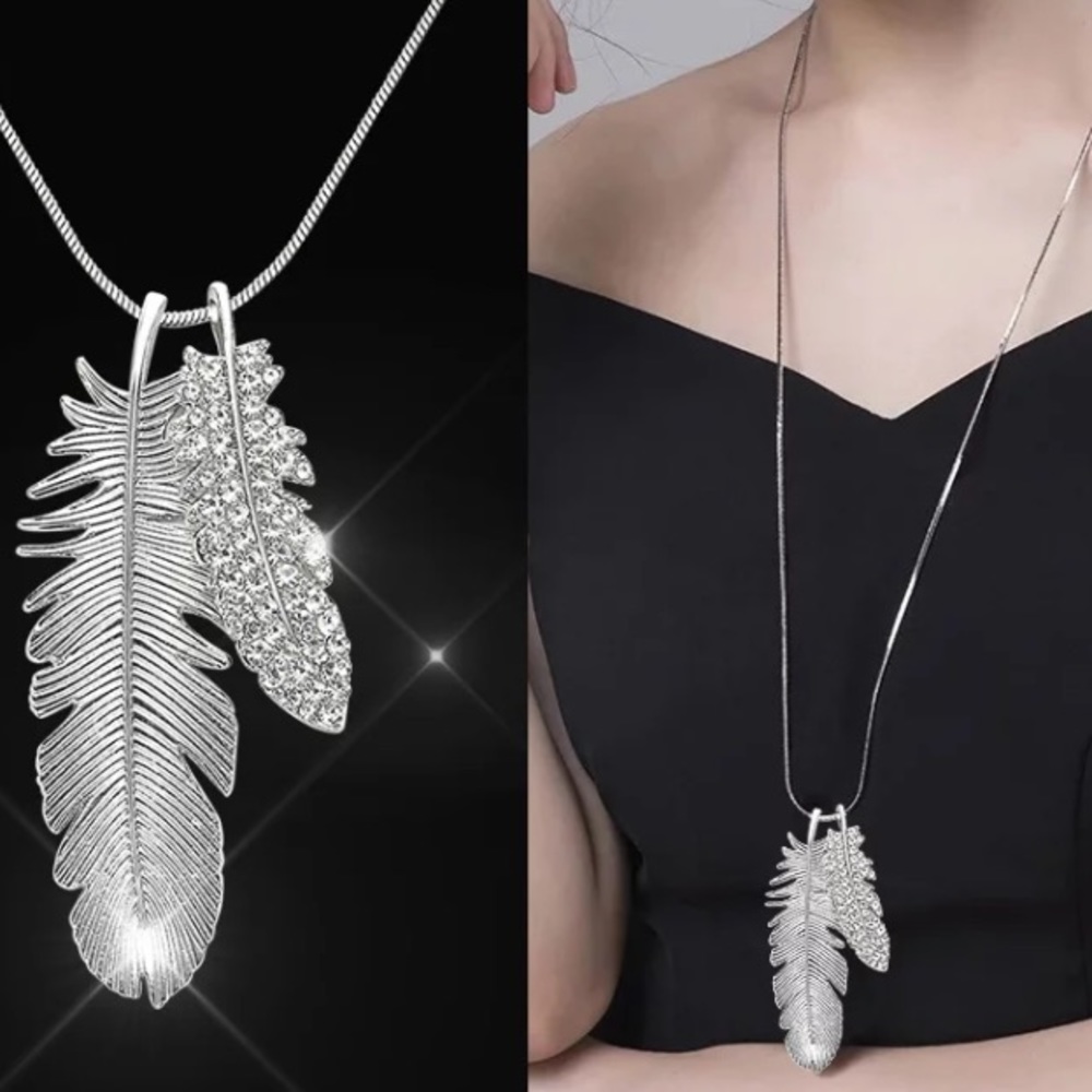 π Silver Tone Feather Long Necklaces - Picture 3 of 6